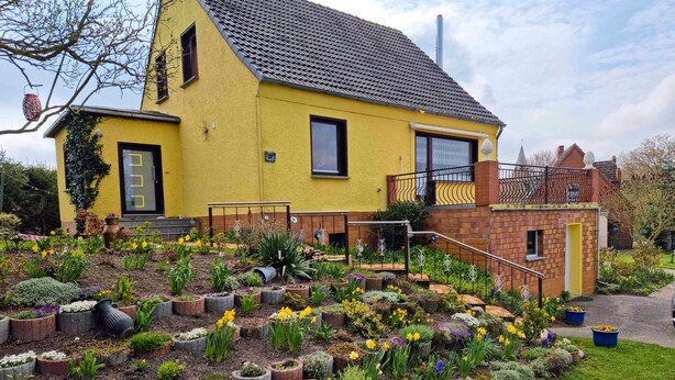 A yellow house with a brick extension, surrounded by a garden with various plants and flowers.