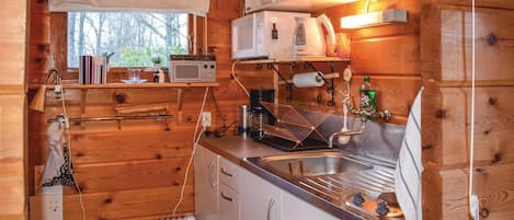 Fridge, stovetop, coffee/tea maker