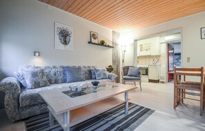 Relax in this stylish living room with a sofa, dining table, and kitchen area.