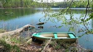 Ein kleines Boot, an einem Baumstamm an einem ruhigen See vertäut, umgeben von Bäumen.