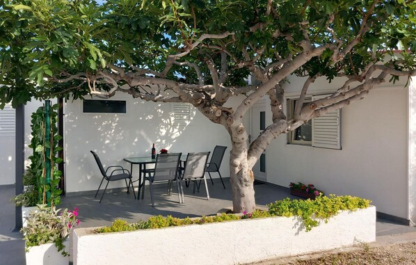 Un espace extérieur aménagé avec une table et des chaises sous un arbre, entouré de murs blancs et agrémenté d’une fenêtre avec des volets.