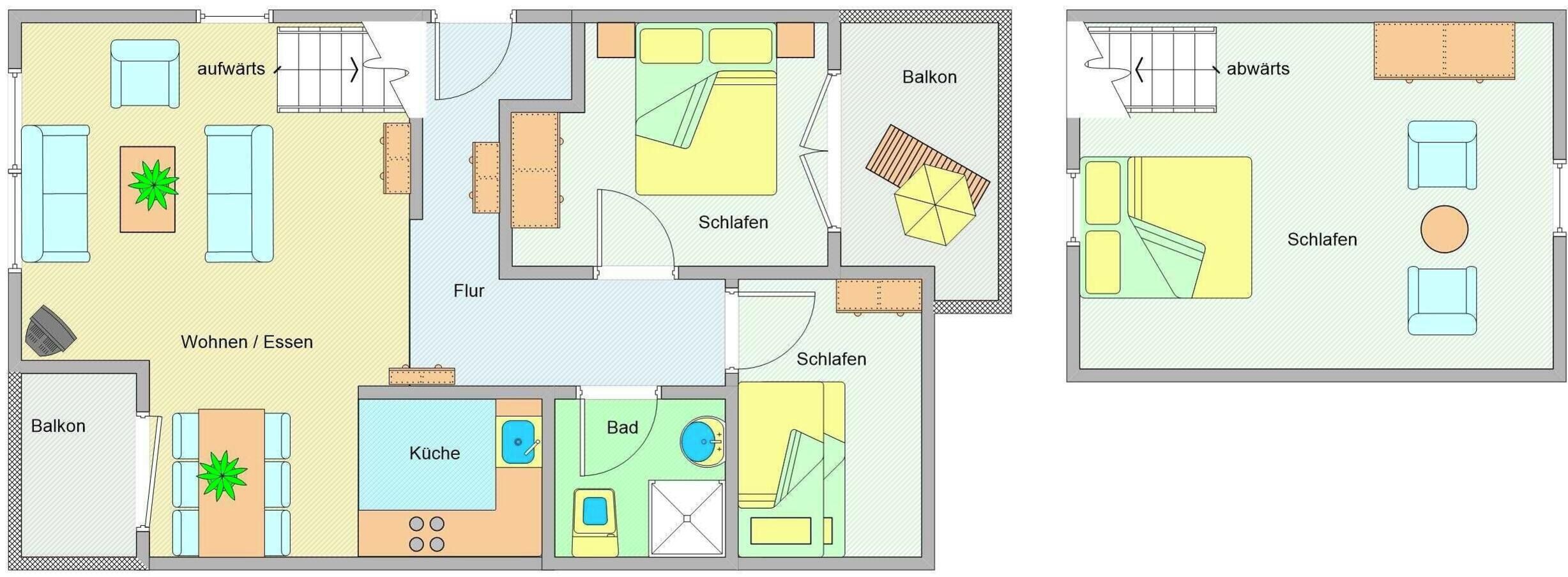 Distribución de un hotel con balcón, sala de estar, cocina, baño y dormitorios.