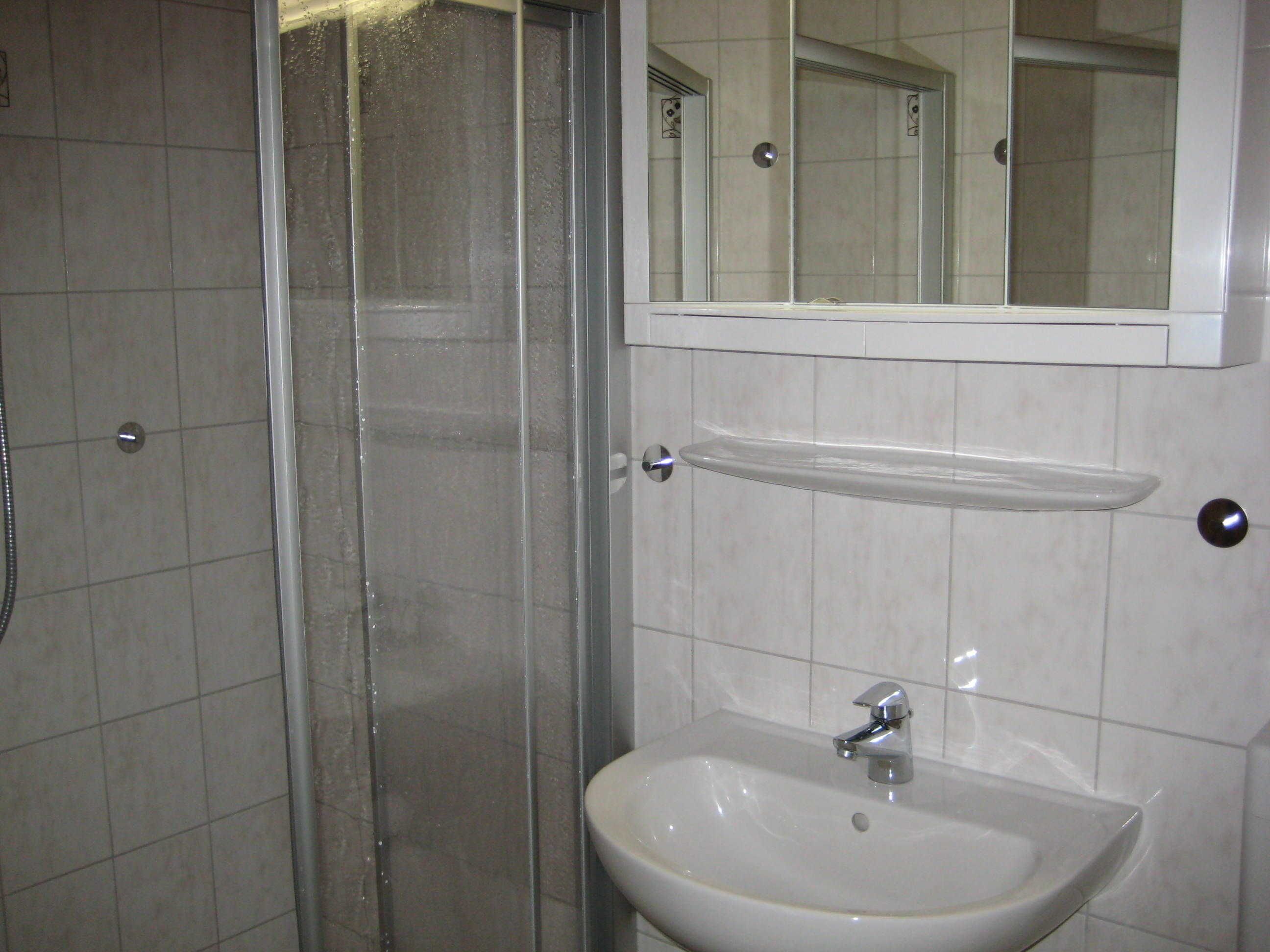 Ein Badezimmer mit einer Duschkabine aus Glas, einem Waschbecken mit Spiegel darüber und einem Ablagefach über dem Waschbecken.
