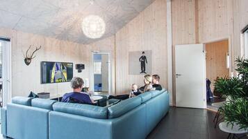 Una televisión, una chimenea, un reproductor de DVD, un futbolín