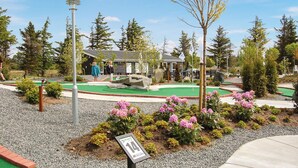 Un campo de mini golf con una superficie de césped verde, rodeado de grava y plantas en flor.