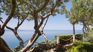 A coastal landscape with olive trees, a clear view of the sea, and a rope barrier. - Awesome home in Krilo Jesenice (Krilo Jesenice)