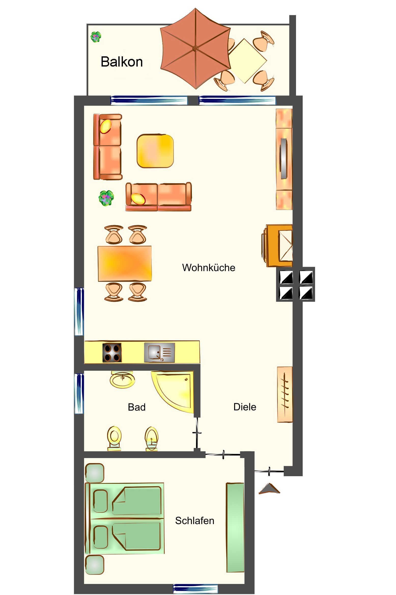 Et plan over et hotelværelse med balkon, stue, køkken, badeværelse og soveværelse.