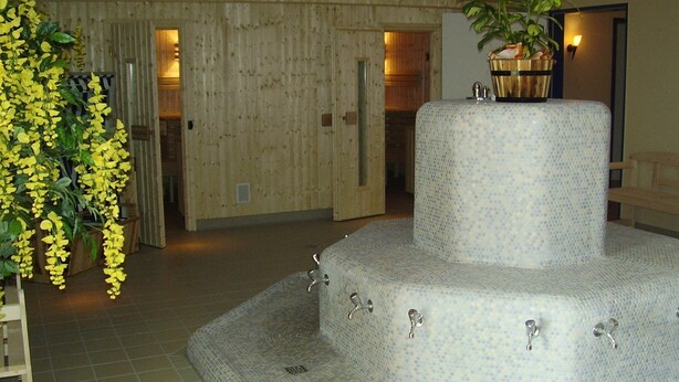 Area benessere con fontana centrale, pareti in pannelli di legno e una pianta in vaso.