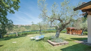 A well-maintained garden with a lawn, a wooden cabin, and a striped lounge chair. - Nice home in Caldana -GR- (Caldana -GR-)