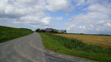 A rural road curving through a field with a house and barn in the distance.
