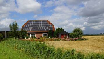 A house with a solar panel roof, surrounded by a field and a small garden with flowers.