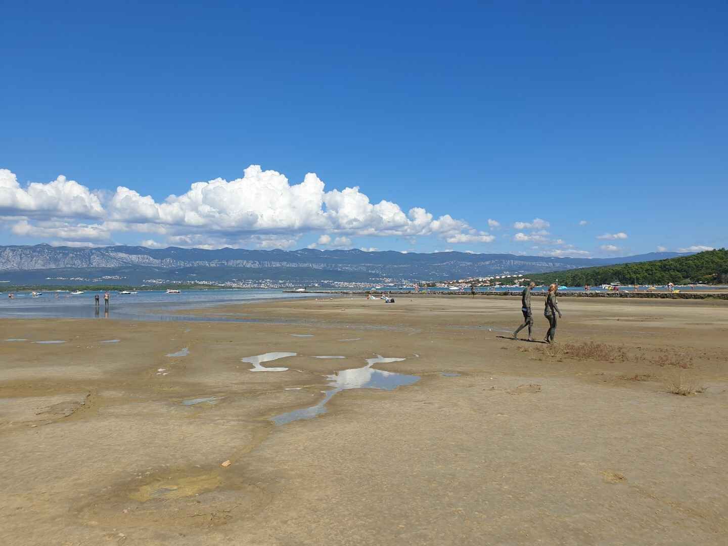 Une plage avec un ciel dégagé et des montagnes en arrière-plan.