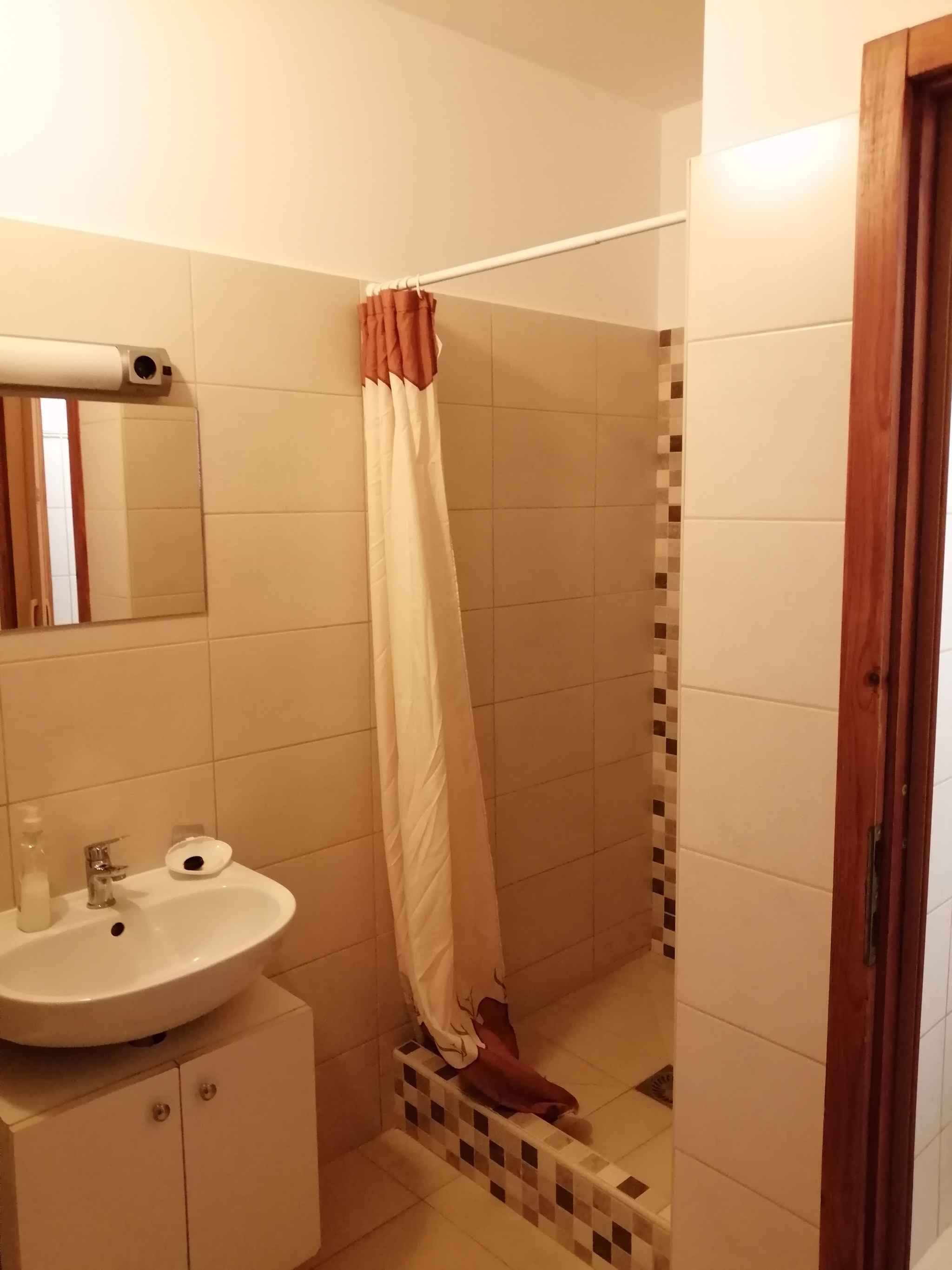 Une salle de bain avec un lavabo, un miroir et un rideau de douche.
