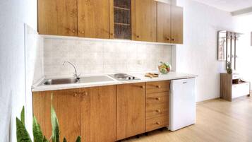 Fridge, stovetop, coffee/tea maker