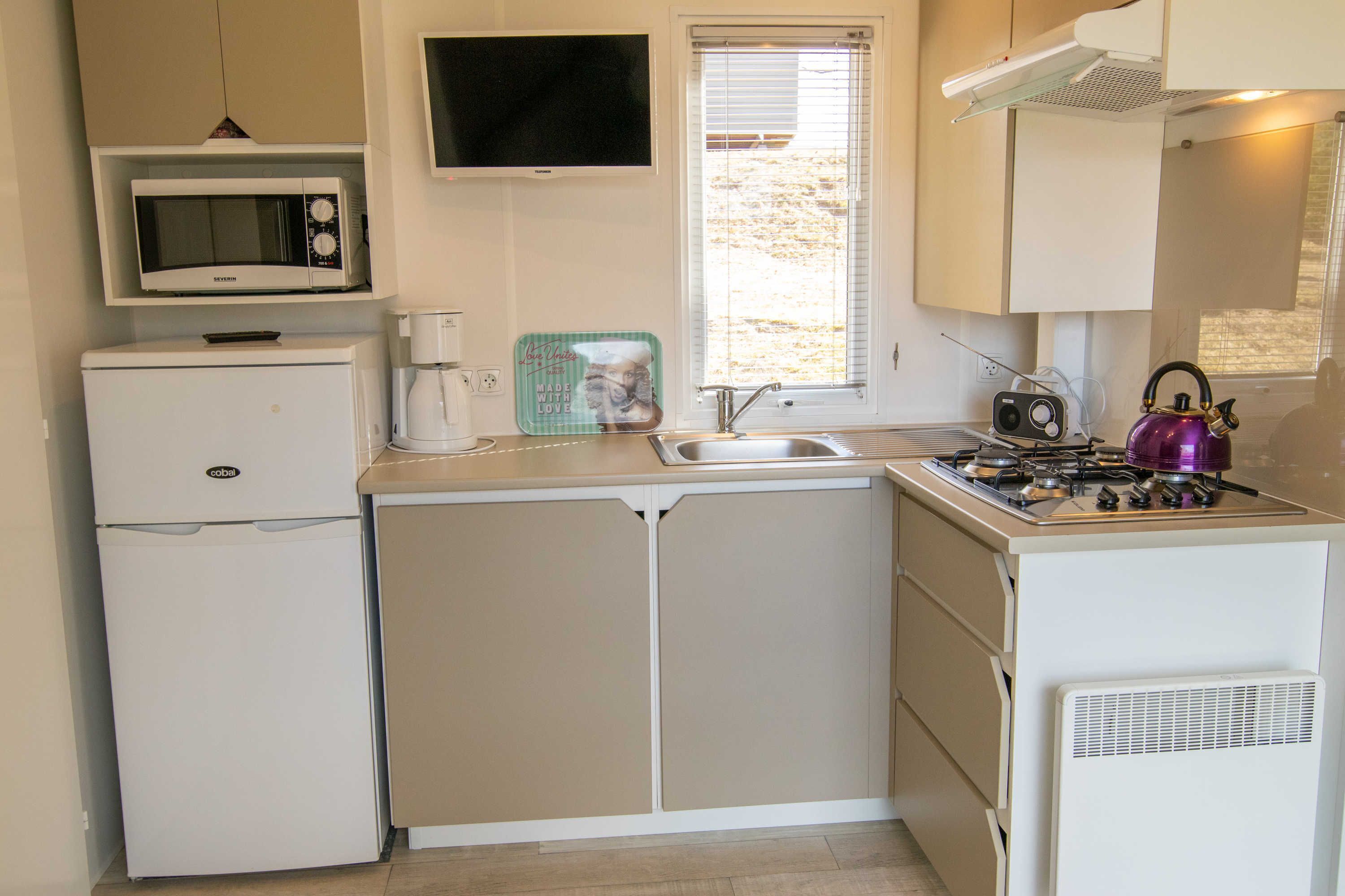 Une cuisine compacte équipée d’un four à micro-ondes, d’un réfrigérateur, d’un évier et d’une cuisinière à gaz.