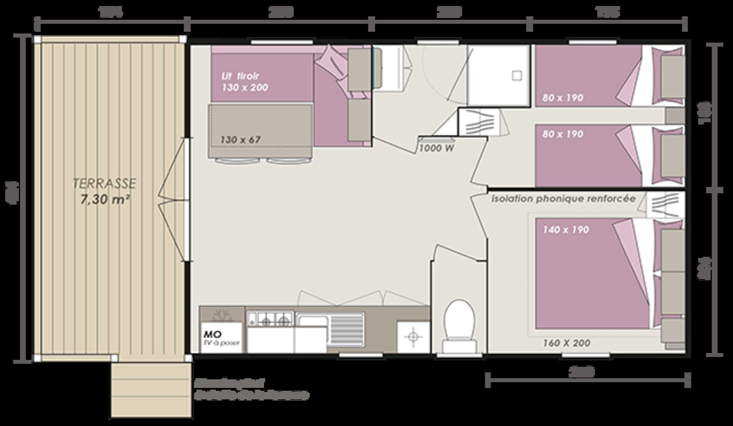 A hotel room layout with a terrace, a bathroom, a bedroom, and a living area.