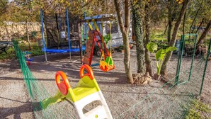 Un parque infantil con columpios, un trampolín y una estructura para escalar.