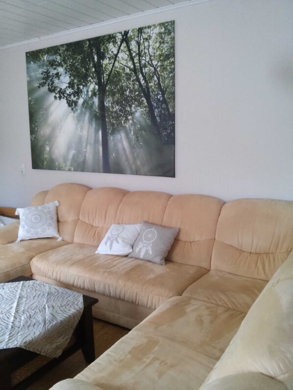A beige sofa with two patterned pillows, a patterned throw, and a large forest-themed painting on the wall.