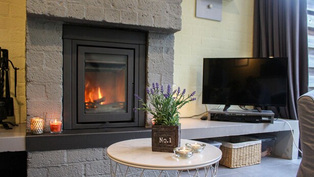Ein gemütlicher Wohnbereich mit Kamin, Fernseher und einem kleinen Tisch mit Kerzen und einem Topfpflanzen.