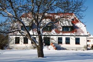 A snow-covered house with a red roof, windows, and a tree in front.