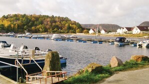 Una marina con barcos amarrados, un muelle de madera y casas al fondo.