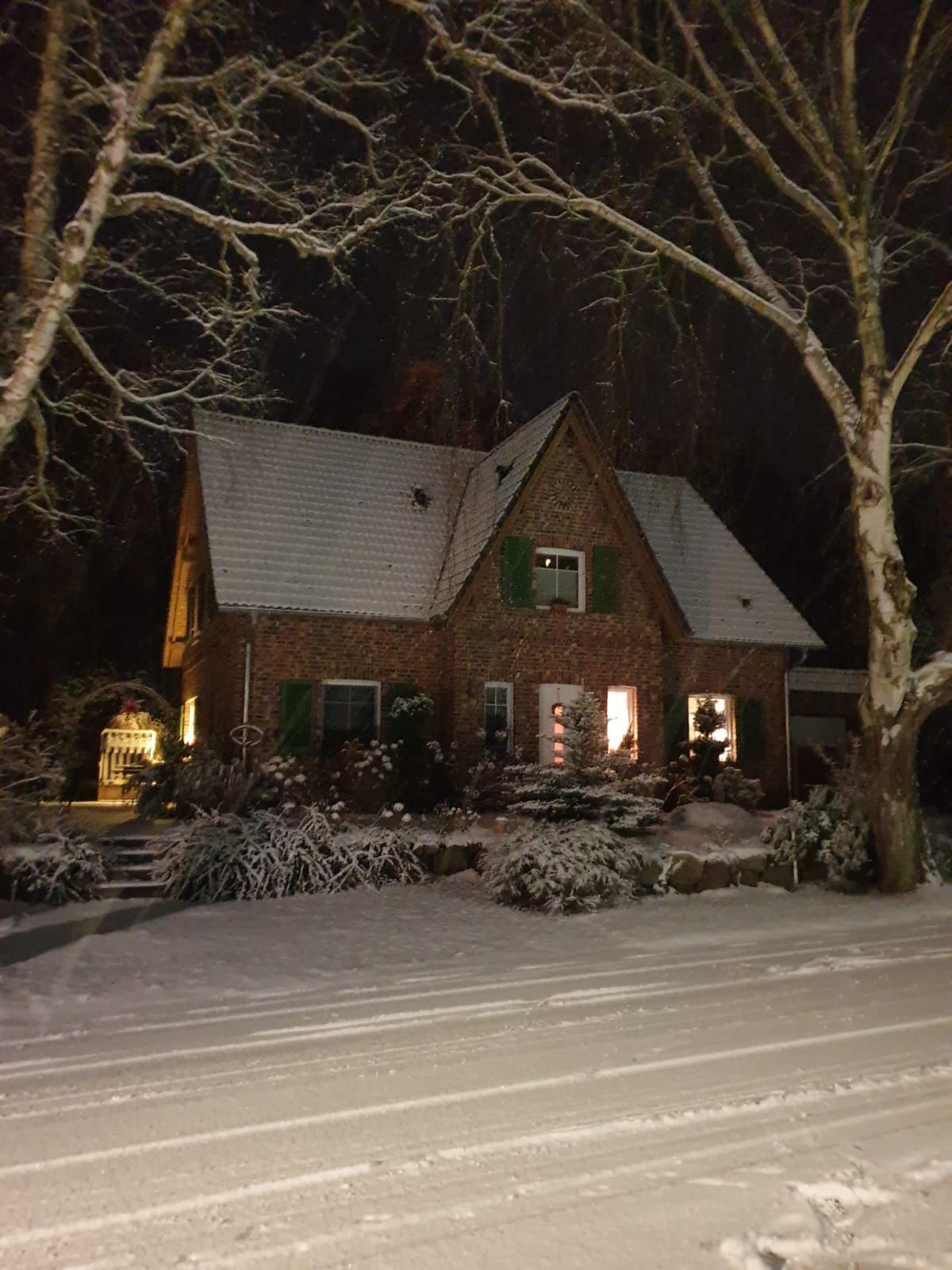 A brick house with a sloped roof, green shutters, and a lit window. Snow covers the ground and plants.