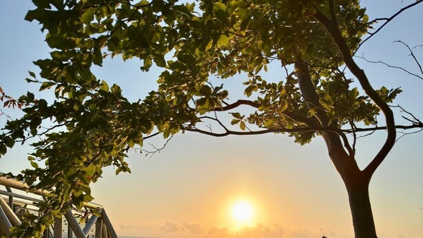 A beach with a metal staircase leading to a wooden deck, overlooking the sea at sunset. - Lod - Goldbach - Holiday apartment (Loddin)