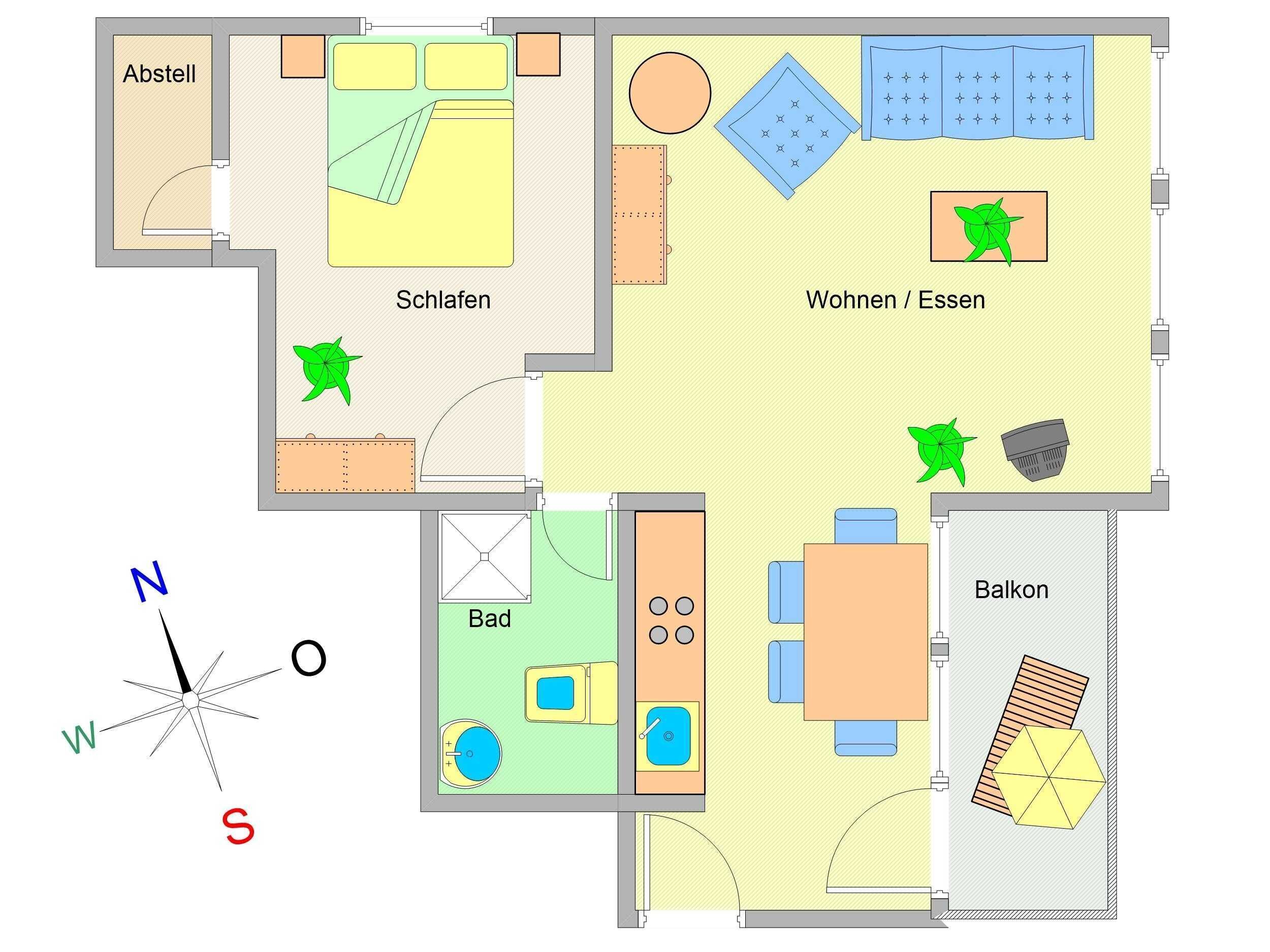 A hotel floor plan with a bathroom, bedroom, living area, balcony, and a small kitchen.