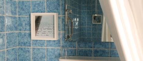 A bathroom with blue tiles, a framed equation, a shower, and a sink.
