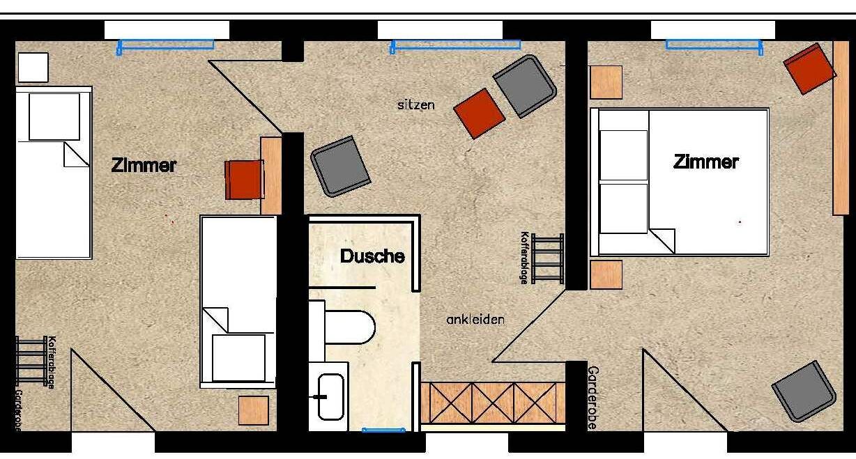 A hotel layout with two bedrooms, a bathroom, a dining area, and a living room.