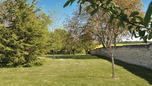 A grassy area with trees and a stone wall. - 3 bedroom nice home in Ligre (Ligre)