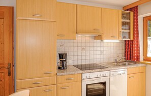 Fridge, stovetop, dishwasher, coffee/tea maker