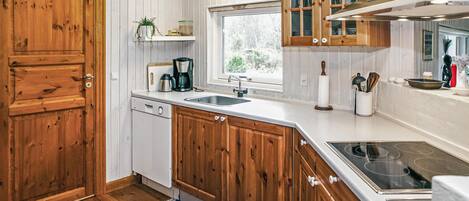 Fridge, stovetop, dishwasher, coffee/tea maker