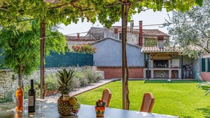 Patio esterno con tavolo, sedie e diverse piante, tra cui un'ananas e un cactus.