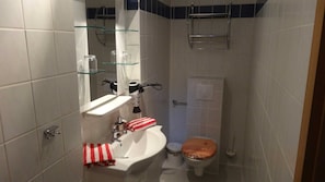 A compact bathroom with a white sink, a toilet, and a glass shower enclosure.