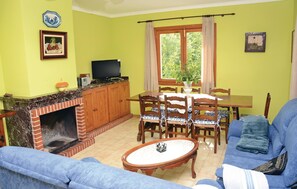 Televisión, chimenea y estéreo 