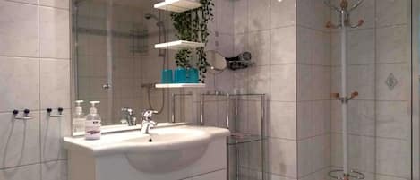 Shower, hair dryer, towels