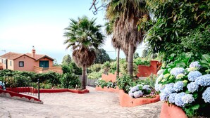 A paved pathway with red railings, surrounded by lush greenery and flowering plants.