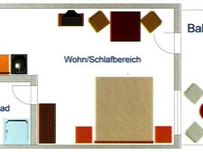 A hotel room layout with a bed, a small bathroom, a living area with a sofa and a table, and a balcony. - 89/11 1- room apartment - apartment house MONIKA (Kühlungsborn)