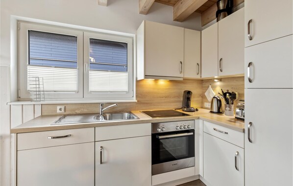 Fridge, stovetop, dishwasher, coffee/tea maker