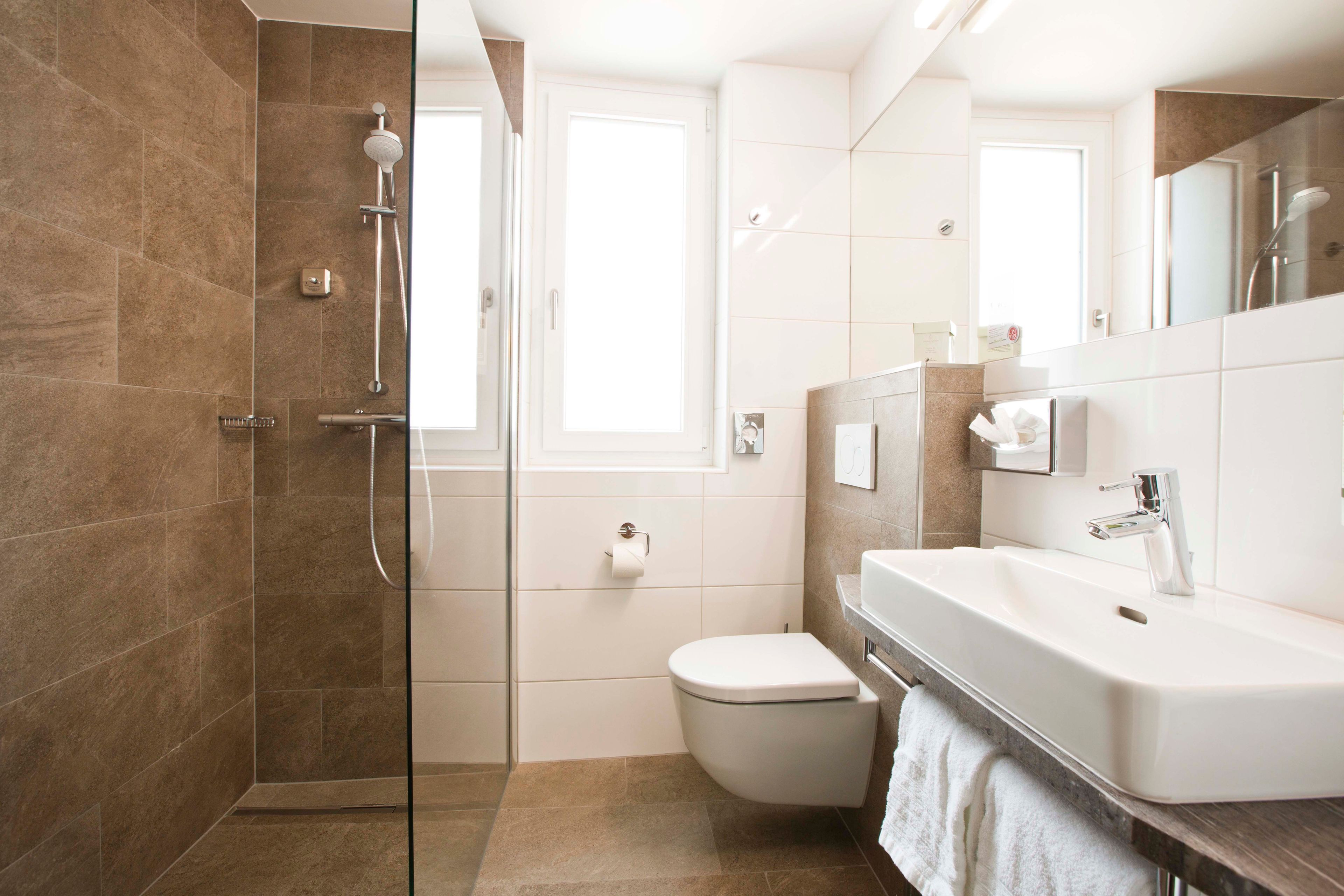 Een moderne badkamer met een douchecabine van glas, een wit toilet en een grote wastafel met spiegel.