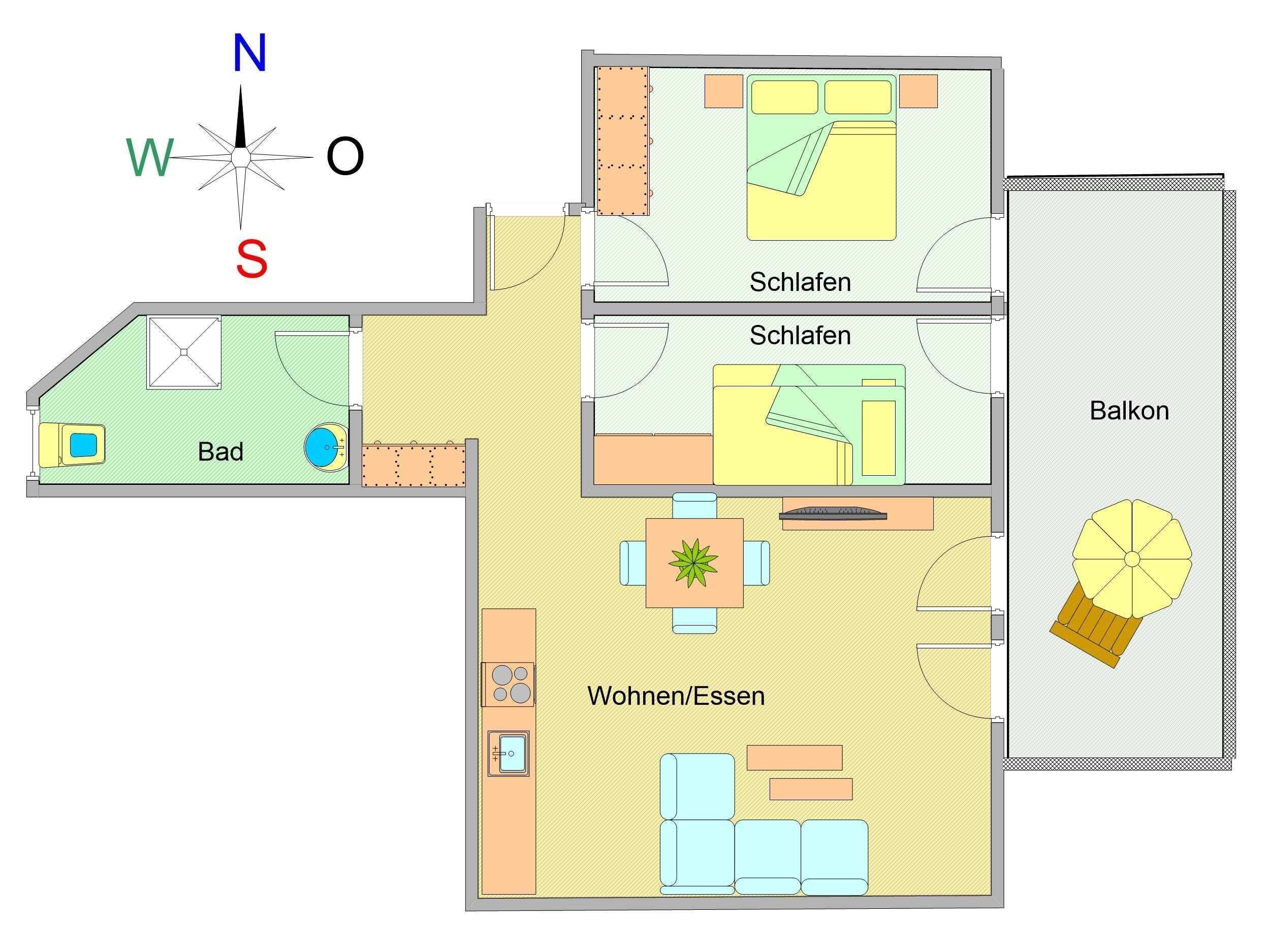 Un plan d’étage d’un hôtel comprenant deux chambres, un balcon, une salle de bain et un espace de vie.