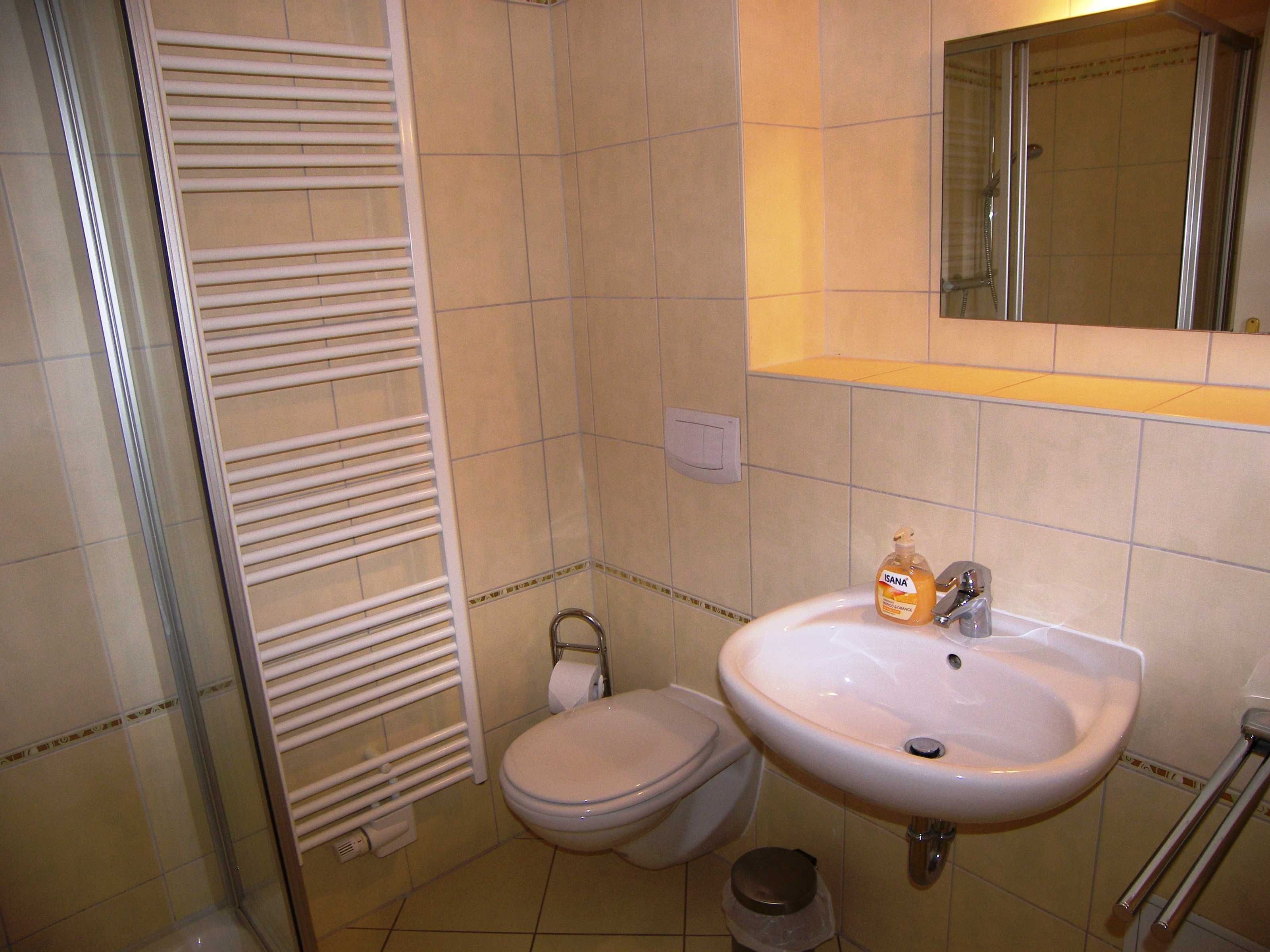 Ein Badezimmer mit Toilette, Waschbecken und Duschbereich.