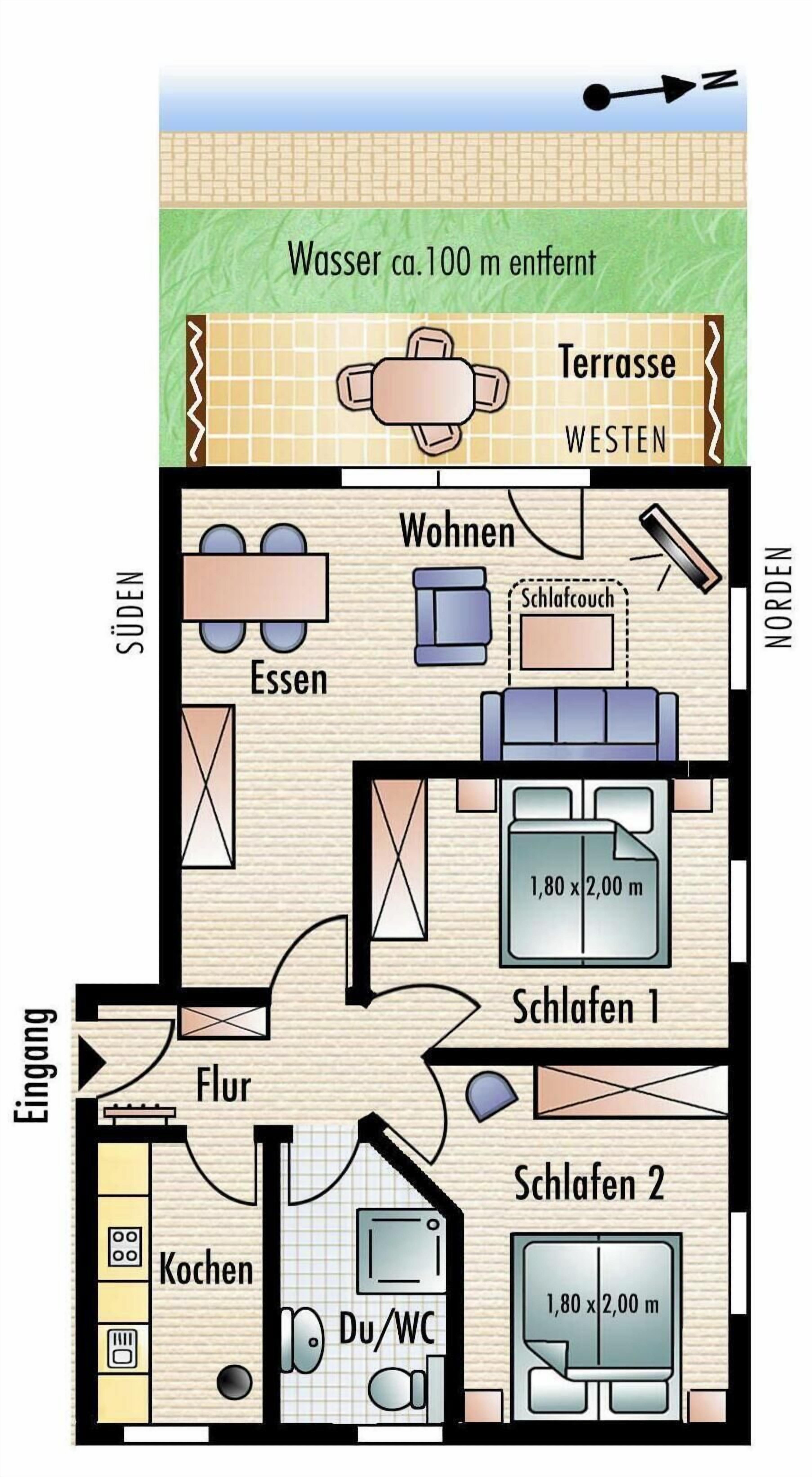 A floor plan of a house with a terrace, living room, two bedrooms, a kitchen, a bathroom, and a dining area.