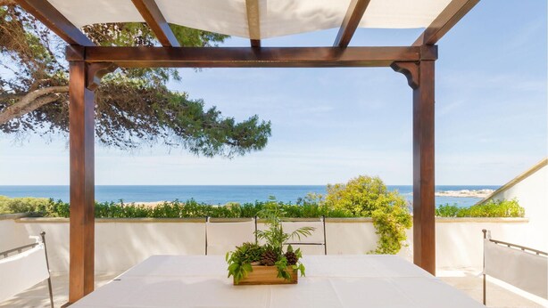 A covered outdoor seating area with a table and a plant centerpiece, overlooking a beach and ocean.