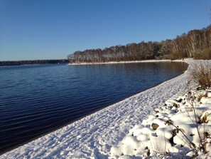 A snow-covered shoreline with a calm lake and a forest in the background. - Holiday house beach pearl (Garrel)