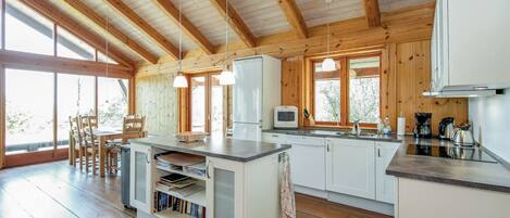 Fridge, stovetop, dishwasher, coffee/tea maker