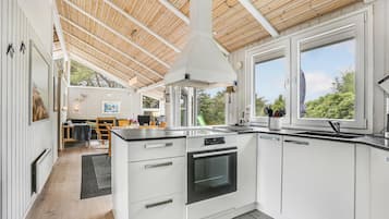 Fridge, stovetop, dishwasher, coffee/tea maker