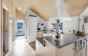 Fridge, stovetop, dishwasher, coffee/tea maker