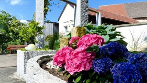 Un jardín con flores rosas y azules, un objeto esférico blanco y un banco de madera.